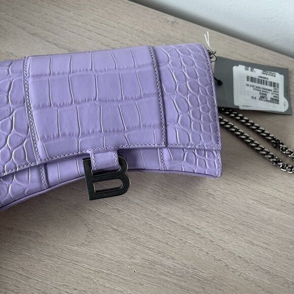 NWT Balenciaga Hourglass Wallet On Chain Shoulder Bag Lilac Shiny Embossed Croc - Picture 6 of 9
